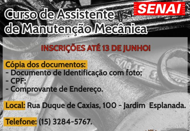 Inscrições abertas para o curso de Assistente de Manutenção Mecânica