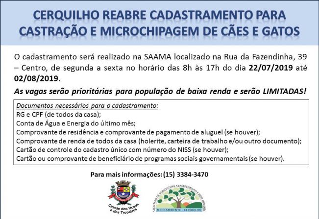 Prefeitura de Cerquilho castra todos os animais cadastrados e reabre inscrições para vagas remanescentes