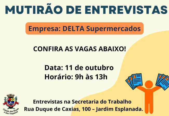 ATENÇÃO: VAGAS DE EMPREGO! A Prefeitura de Cerquilho, por meio do CATE divulga: Mutirão de entrevistas na empresa Delta supermercados