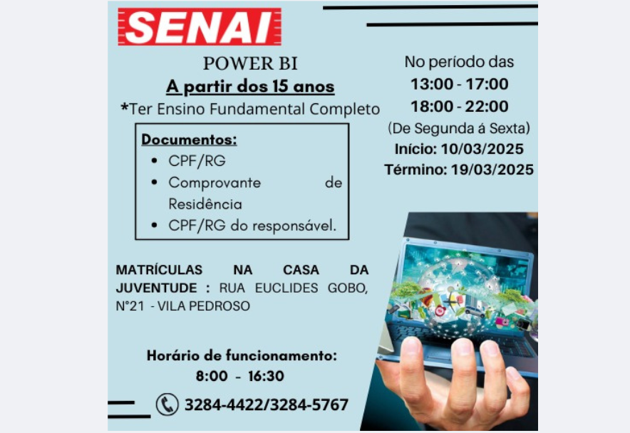 Estão abertas as inscrições para o curso GRATUITO de Power BI , oferecido pelo SENAI em parceria com a Prefeitura de Cerquilho! Confira!