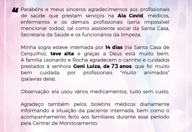 Relato de familiares de paciente curada do covid-19 em Cerquilho