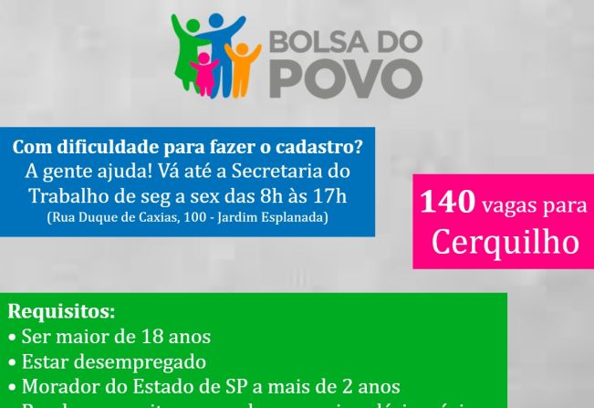 Estão abertas as inscrições para o Bolsa Trabalho em Cerquilho