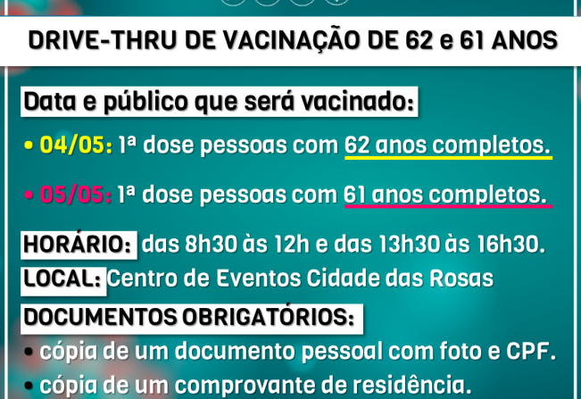 Prefeitura informa sobre vacinação de 62 e 61 anos