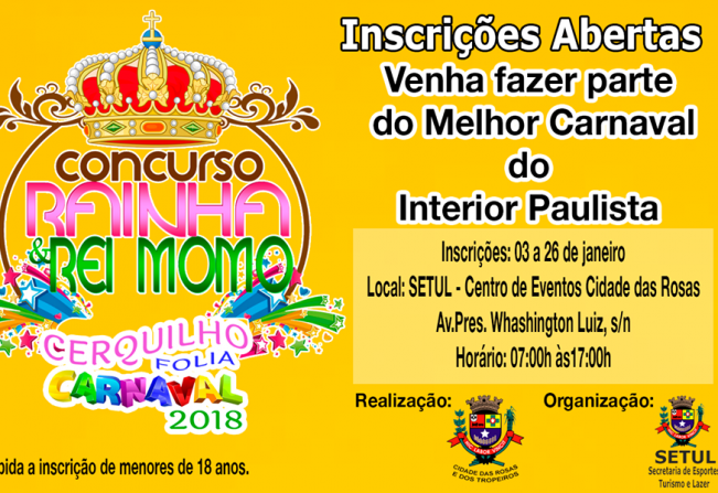 Inscrições abertas para o concurso Rainha e Rei Momo do Carnaval de Cerquilho