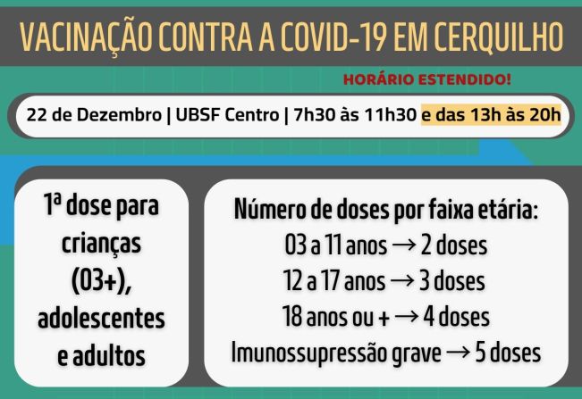 ÚLTIMO horário estendido de atendimento em 2022 para a Vacinação contra a Covid-19 em Cerquilho