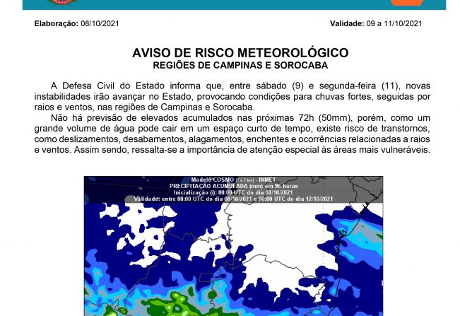 AVISO DE RISCO METEOROLÓGICO REGIÕES DE CAMPINAS E SOROCABA 