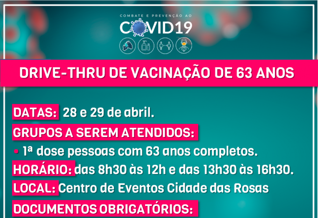 Secretaria da Saúde vacina pessoas com 63 anos nesta quarta e quinta-feira