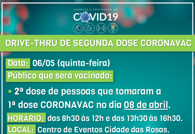 Secretaria da Saúde informa programação de vacina para essa quinta e sexta-feira, dias 06 e 07/05