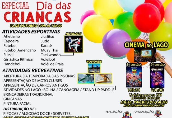 Especial Dia das Crianças em Cerquilho tem atividades no Lago do Centro Olímpico e Cinema no Parque dos Lagos