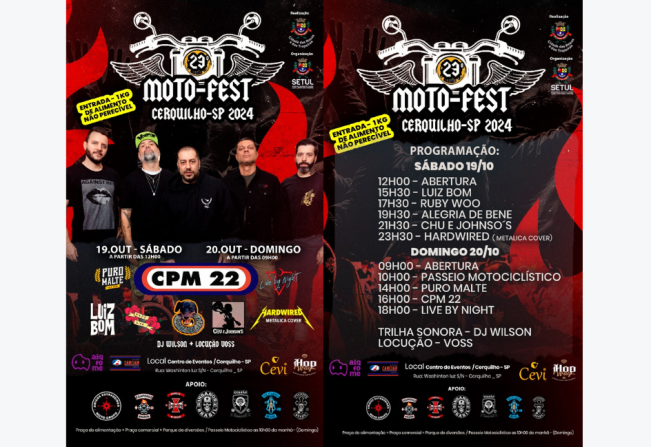  A Prefeitura de Cerquilho, por meio da SETUL, apresenta: 23ª Edição do MOTO FEST, que acontecerá nos dias 19 e 20 de outubro no Centro de Eventos de Cerquilho! Confira as atrações! 