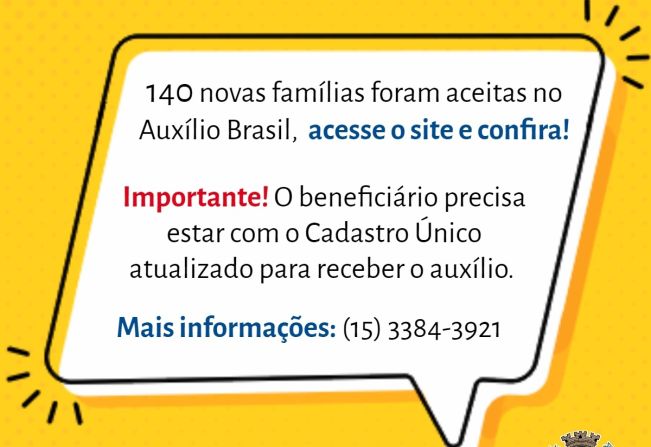 Departamento de Promoção Social informa que 140 novas famílias de Cerquilho foram incluídas no Auxílio Brasil
