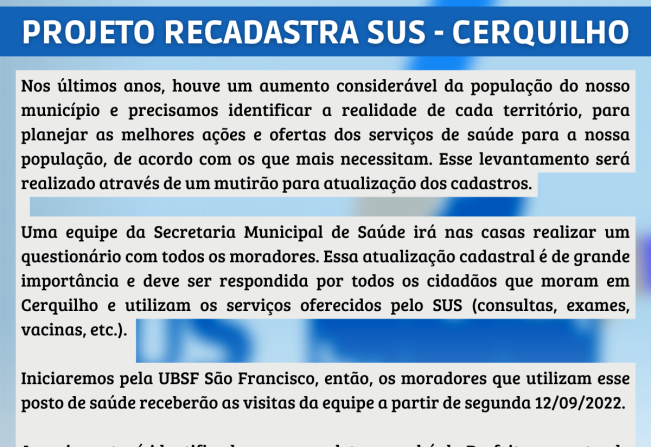 Prefeitura informa sobre Projeto Recadastra SUS