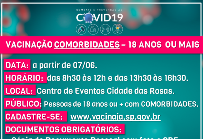 Adultos de 18 anos ou mais com COMORBIDADES já podem se vacinar em Cerquilho