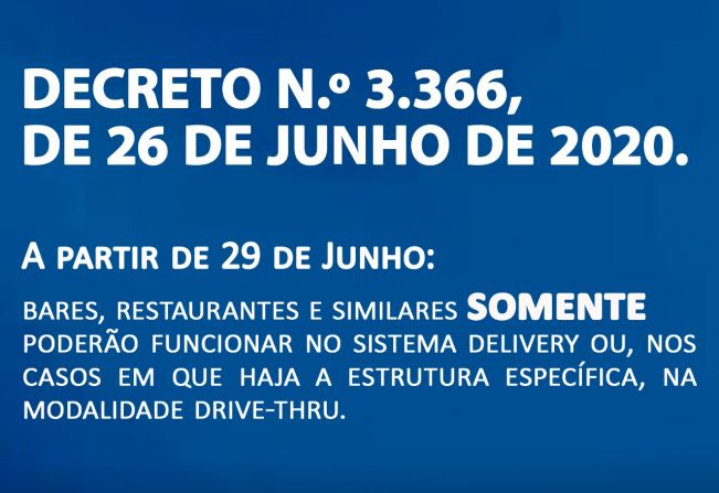 A partir de 29 de Junho, bares, restaurantes e similares somente poderão atender por delivery e drive-thru