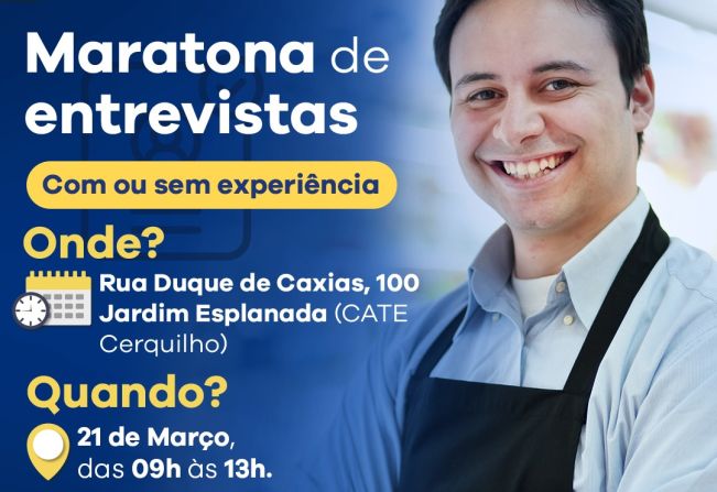 A Prefeitura de Cerquilho, por meio do CATE informa sobre o Mutirão de Entrevistas no dia 21 de março, das 9h às 13h. 