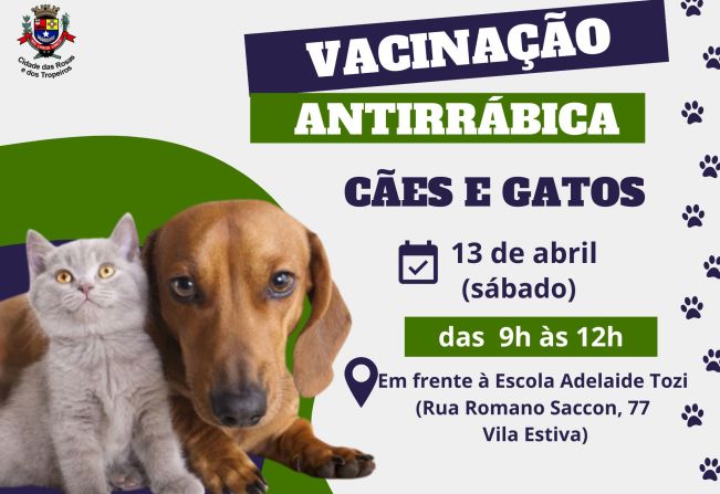 Prefeitura de Cerquilho informa a população sobre a vacinação de rotina de cães e gatos contra raiva, que acontecerá no dia 13 de abril. 