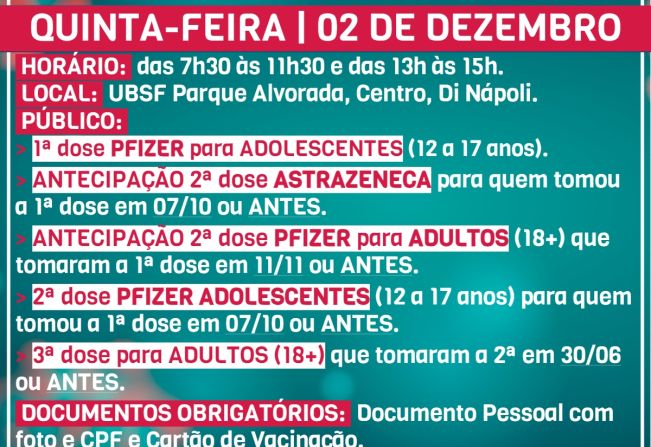 Confira os próximos grupos a serem vacinados de 01 a 03/12