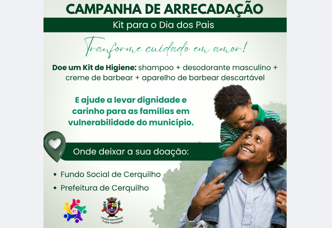O Fundo Social de Solidariedade de Cerquilho está recebendo doações de kits de higiene masculina, que serão entregues a pais em situação de vulnerabilidade do nosso município.