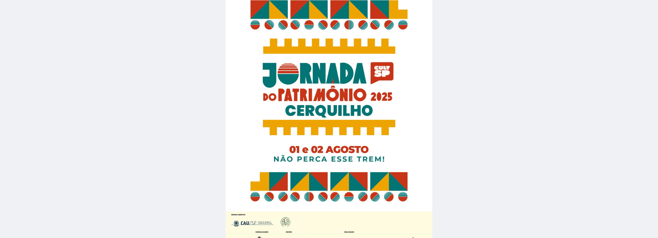 Nos dias 1 e 2 de agosto de 2025, a cidade de Cerquilho promove a sua 1ª Jornada do Patrimônio. Confira a programação completa