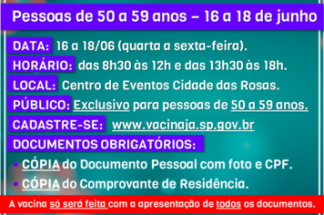 Pessoas de 50 a 59 anos devem se vacinar de 16 a 18 de junho