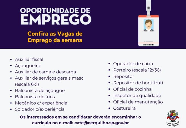 CATE Cerquilho informa as vagas de emprego disponíveis nesta semana. 