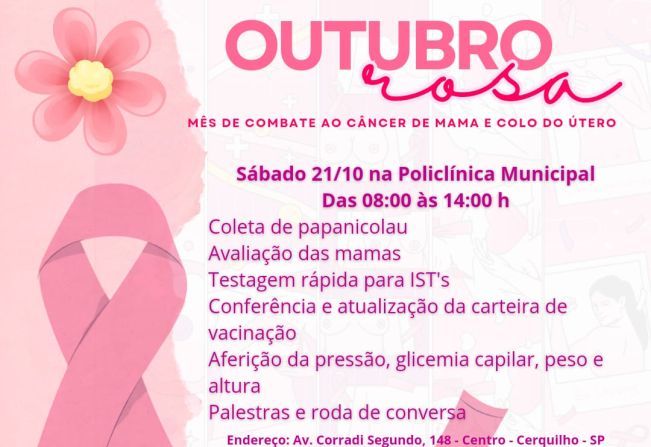 Dando continuidade às ações do mês de Prevenção ao Câncer de Mama e de Colo do Útero, Prefeitura Municipal, por meio da Secretaria de Saúde, realiza Mutirão Outubro Rosa no próximo sábado, 21 de outubro 