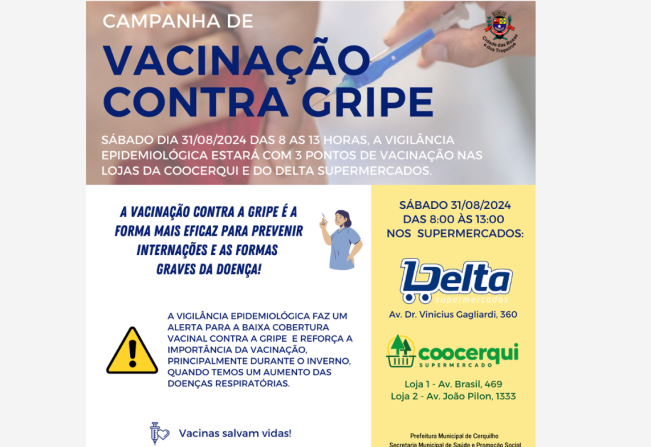 A Prefeitura de Cerquilho, por meio da Secretaria de Saúde informa sobre Vacinação no sábado, 31 de agosto. 